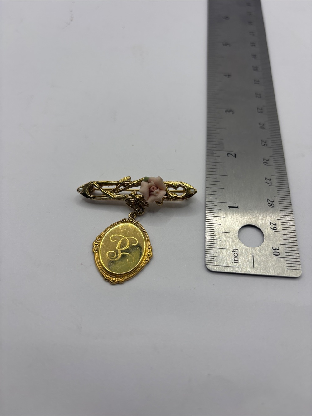 Gold-Tone Vintage Bar Brooch with Pink Porcelain Rose and engraved piece